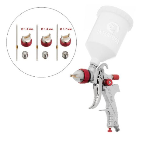 Купити Краскопульт пневматичний HVLP з трьома наборами форсунок - 1,3мм, 1,4мм, 1,7мм, пластиковий бачок, 3