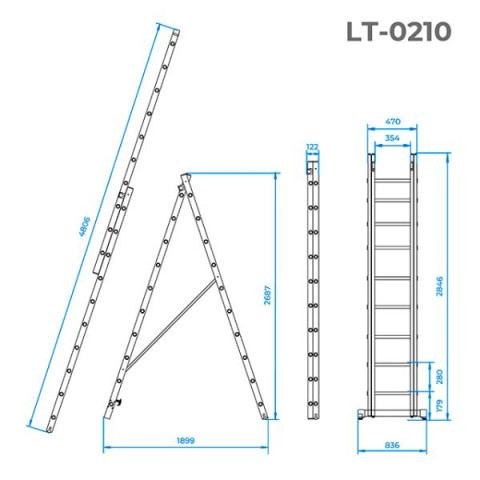 Купити Драбина з алюмінію, 2-х секційна універсальна розкладна, 2*10 сход., 4,81м