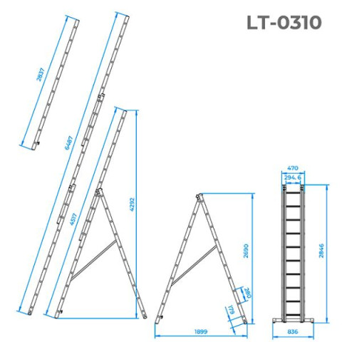Купити Драбина з алюмінію, 3-х секційна універсальна розкладна, 3*10 сход., 6,77м