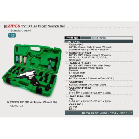 Купить Гайковерт пневматичний з набором головок TOPTUL 1/2" 27ед. GDAI2703