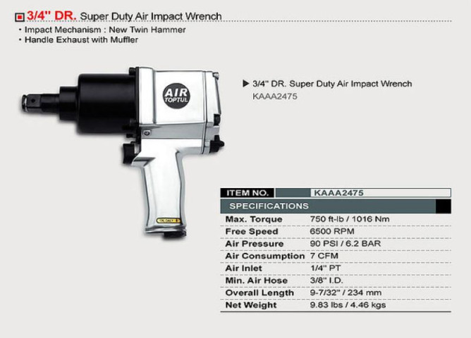 Купити Гайковерт пневматичний TOPTUL 3/4" 1016N/m 6500 об/хв KAAA2475