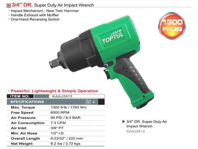 Купити Гайковерт пневматичний TOPTUL 3/4" 1763N/m 6000об/хв KAAJ2413