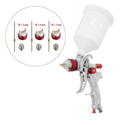 Купити Краскопульт пневматичний HVLP з трьома наборами форсунок - 1,3мм, 1,4мм, 1,7мм, пластиковий бачок, 3