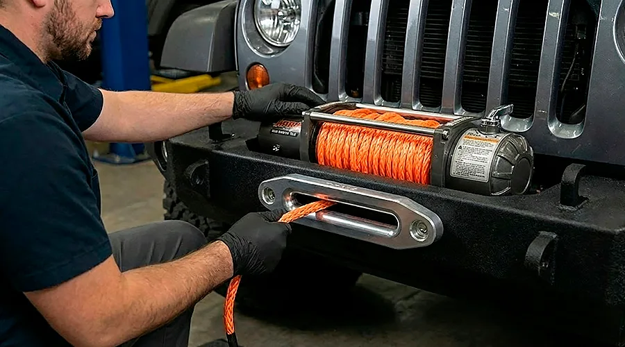 Установка синтетического троса на лебедку